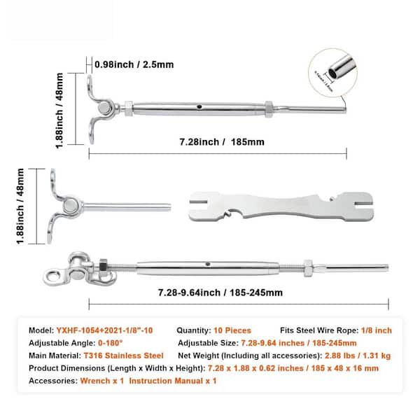 T316 Stainless Steel Adjustable Angle 1/8 in. Cable Railing Kit/Hardware for Wood Post,Marine Grade for Wire Rope,Silver