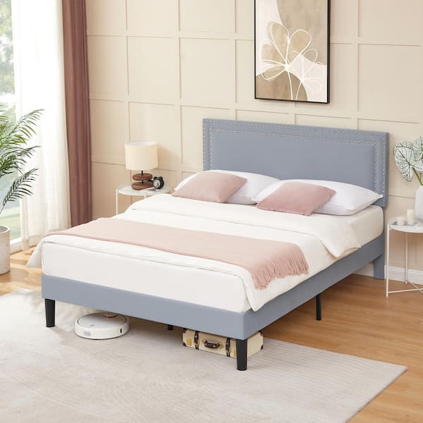 VECELO Upholstered Bed Gray Metal Frame Queen Platform Bed With ...