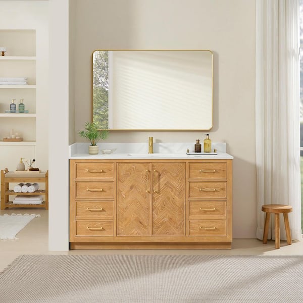 Jakarta 60 in. W x 22 in. D x 34 in. H Single Bath Vanity in Oak Natural Brown with Silk White Quartz Stone Top