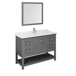 Manchester Regal 48 in. W Bathroom Vanity in Gray Wood with Quartz Stone Vanity Top in White with White Basin and Mirror