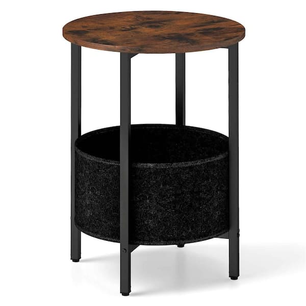 1 PCS 17.5 in. Rustic Brown Round Particle Board End Table with Felt Storage Basket Sturdy Metal Frame