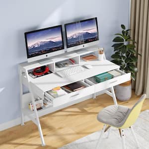 Cassey 47 in. Rectangular White Wood and Metal 2-Drawer Computer Desk with Monitor Stand Riser and Storage Shelves