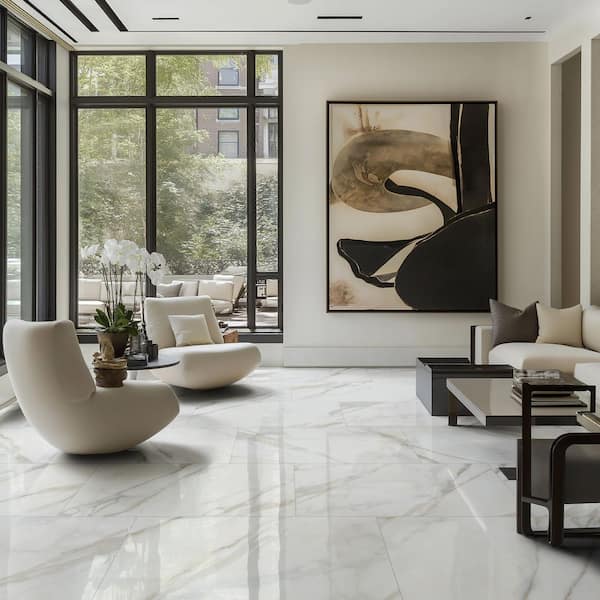 Valesia Calacatta 24 in. x 48 in. Polished Porcelain Marble Look Floor and Wall Tile (8 sq. ft. /Each)