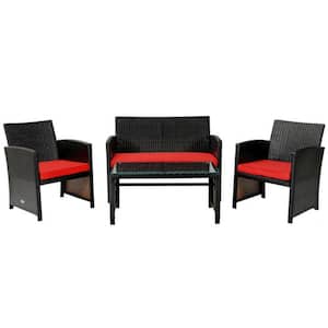 4-Piece Wicker Patio Conversation Set Rattan Furniture Set with Red Cushions