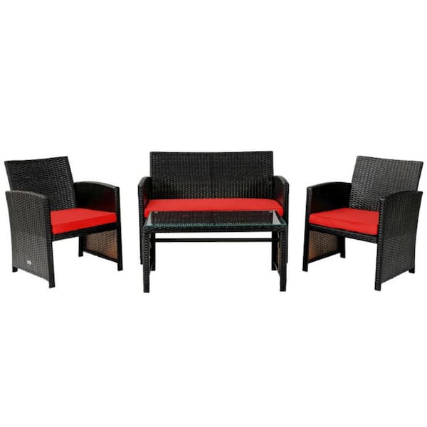 Clihome 4-Piece Wicker Patio Conversation Set Rattan Furniture Set with Red Cushions