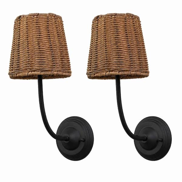Set of 2 Rattan Wrapped Wall Sconce Light Fixtures Black and Gold Hardwired Indoor Brass Shade Standard Light Bulb
