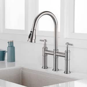 Double Handle Bridge Kitchen Faucet With Pull-Down Spray Head in Brushed Nickel
