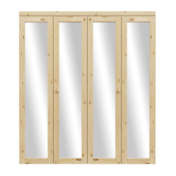 Pinecroft Mirror 36-in x 80-in Unfinished Pine Wood 2-Panel Square Mirrored Glass Unfinished Pine Wood Bifold Door (Hardware Included)