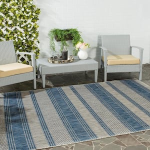 Courtyard Gray/Navy 4 ft. x 4 ft. Striped Geometric Indoor/Outdoor Patio  Square Area Rug