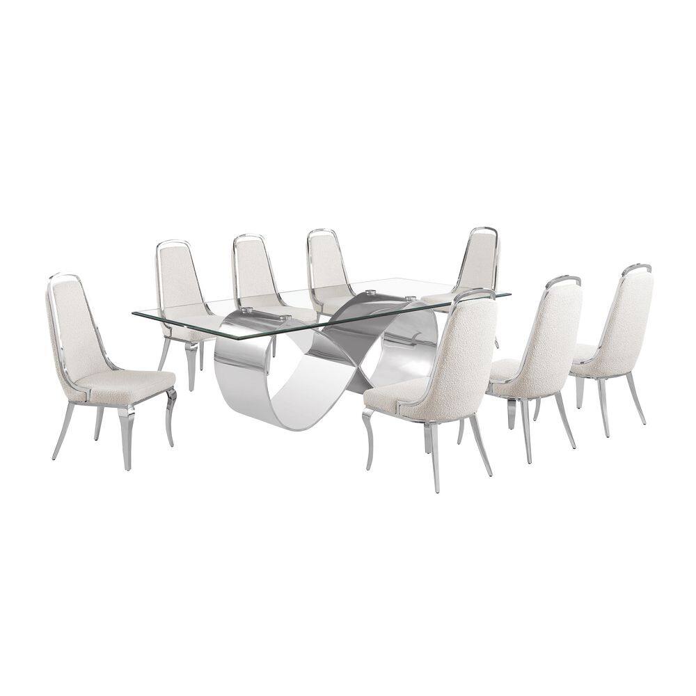 Celia 9-Piece Clear Tempered Glass Top with Stainless Steel Base Dining Set with 8-Cream Boucle Fabric Chairs price history on PriceWatchPro