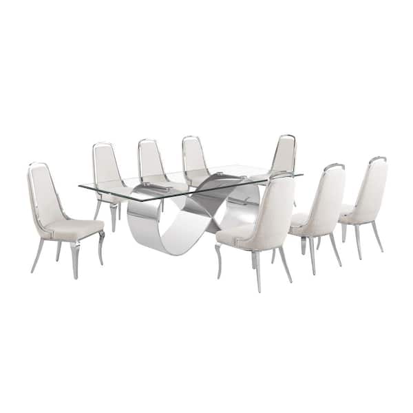 Celia 9-Piece Clear Tempered Glass Top with Stainless Steel Base Dining Set with 8-Cream Boucle Fabric Chairs