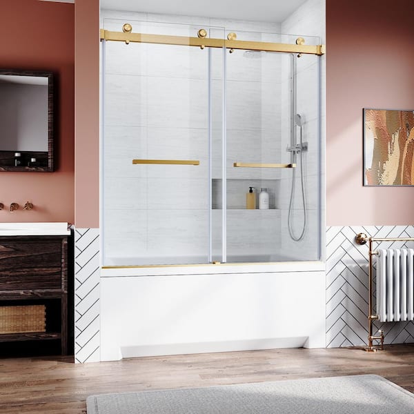 60 in. W x 62 in. H Frameless Sliding Tub Door in Brushed Gold with Clear Tempered Glass and 2 Piece Rectangle Handles