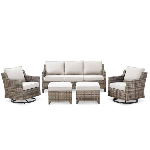 5-Pcs Set Wicker Patio Conversation Set Outdoor Lounge Chair, with Swivel Glider Chair,Sofa,Footstool and Beige Cushions
