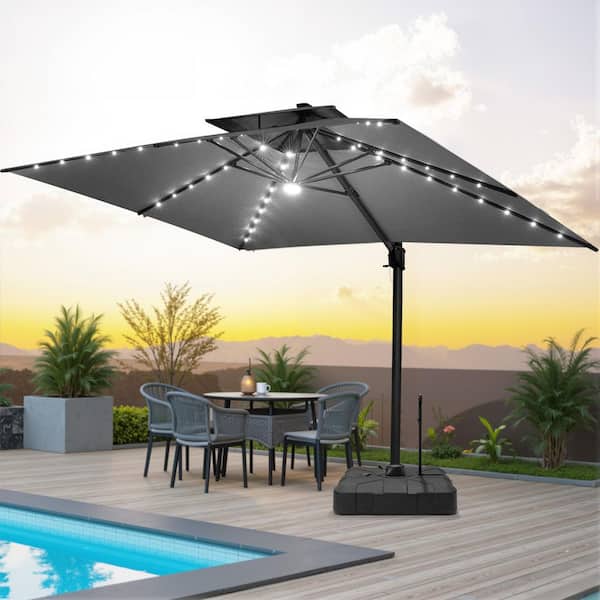 2-Tier Top 13.5 ft. x 10 ft. Solar LED Rectangular 360° Rotation Cantilever Patio Umbrella in Gray with 350 lbs. Base