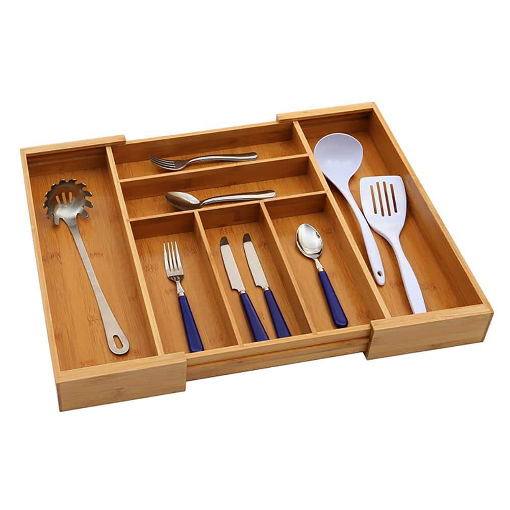 AYNEFY Cutlery Storage 54.2 x 43.2 x 5 cm 21.3 x 17.01 x 1.96 inches Expandable Bamboo Cutlery Storage Tidy Drawer Kitchen Organizer Compartment 