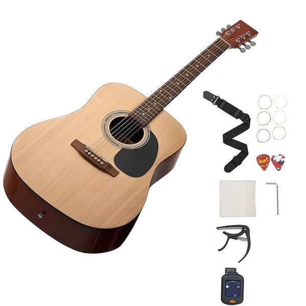 Dreadnought Acoustic Guitar 41 in. 6-String Natural Solid Spruce Top Guitar Beginner Bundle with Gig Bag Tuner Strap
