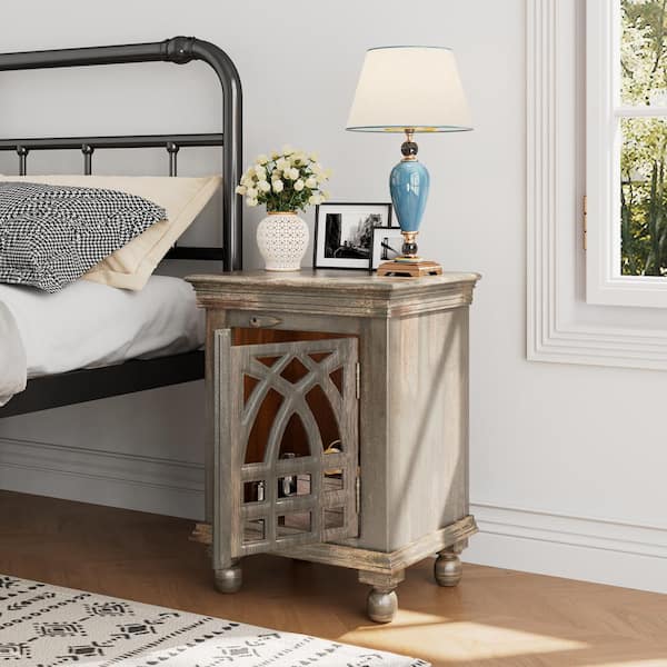 Harper & Bright Designs Antique Gray 18 in. W Solid Wood Nightstand with Floral Pattern Cabinet