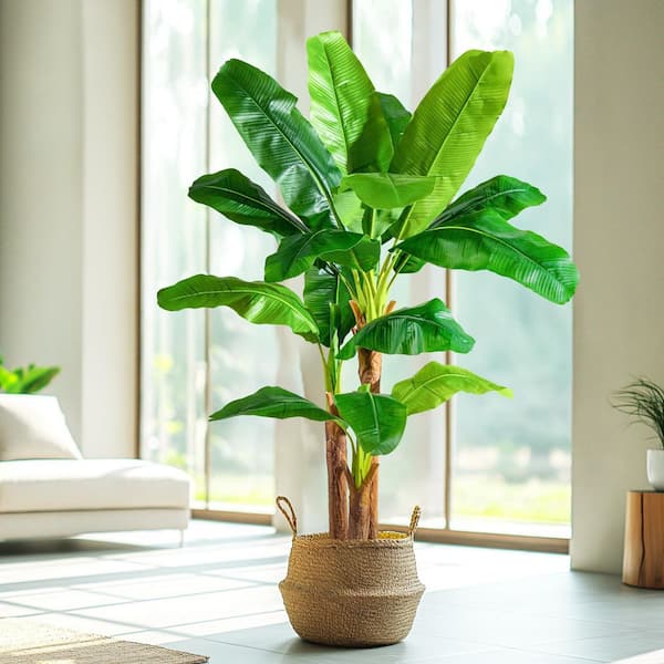 Afoxsos 8 in. Artificial Green Indoor/Outdoor Banana Tree Tall Faux Banana Leaf Plant Silk Leaves Tropical Decor