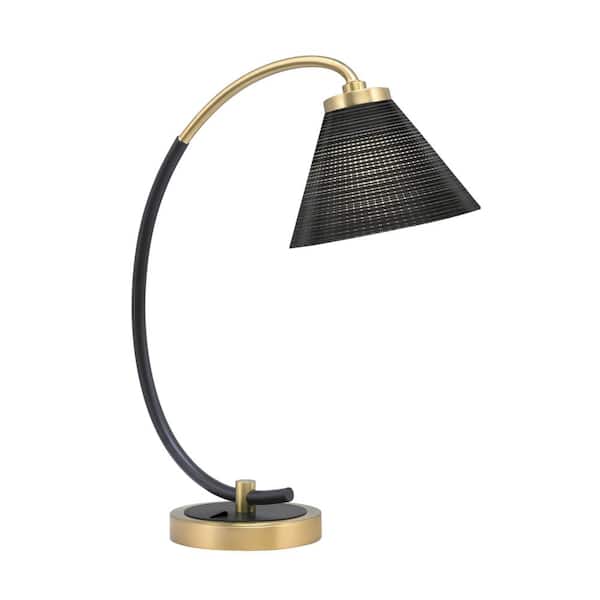 Unbranded Delgado 18.25 in. Matte Black and New Age Brass Accent Desk Lamp with Black Matrix Glass Shade