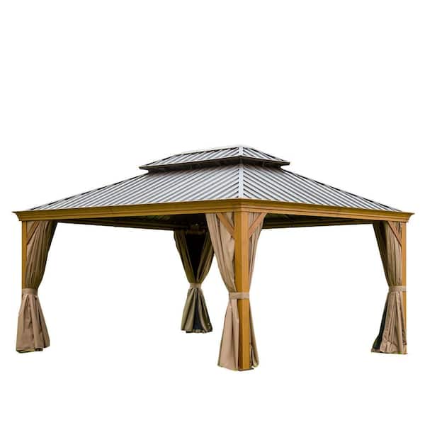 Daheat Faze 16 ft. x 12 ft. Aluminum Hardtop Wood Like Gazebo with Double Galvanized Steel Roofs and Mosquito Net