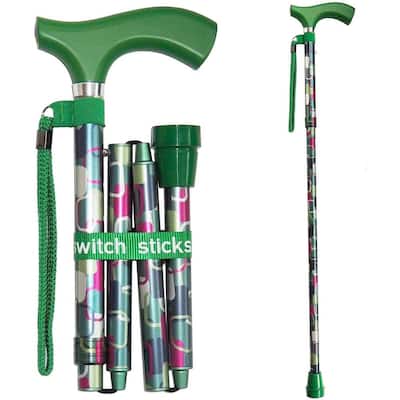 32 in. - 37 in. Luxury Folding Walking Stick with Water Resistant Bag, Wrist Strap and Hook and Loop Band in Green