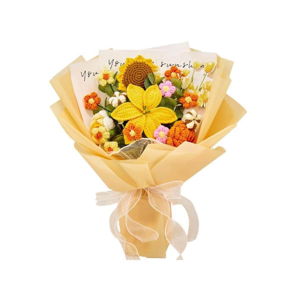 18 in. Yellow Artificial Eucalyptus Crochet Flowers Bouquet with