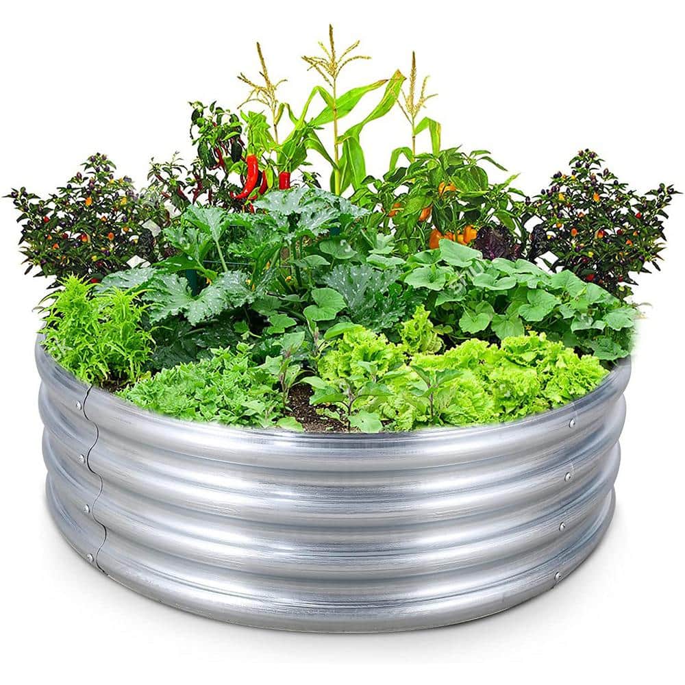36-inch Silver Galvanized Metal Round Raised Garden Bed Planter