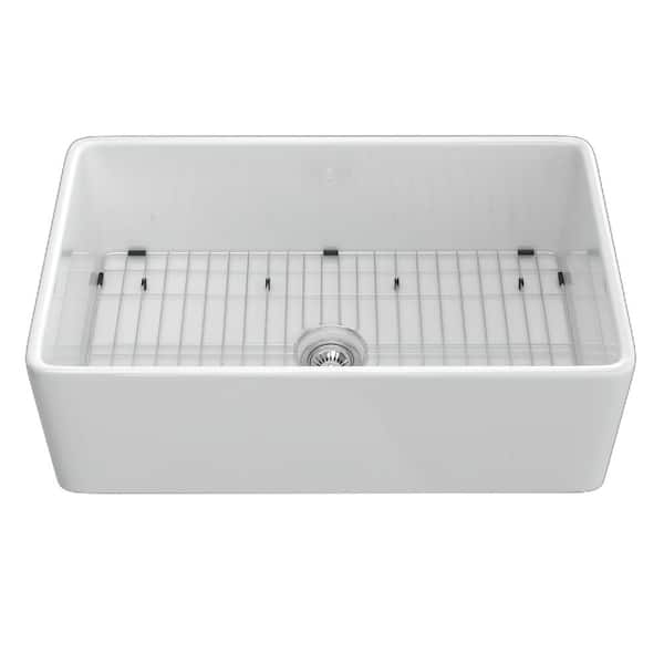 Modland Baily 30 in. Undermount Single Bowl White Fireclay Farmhouse Apron Front Kitchen Sink with Grid and Strainer Included