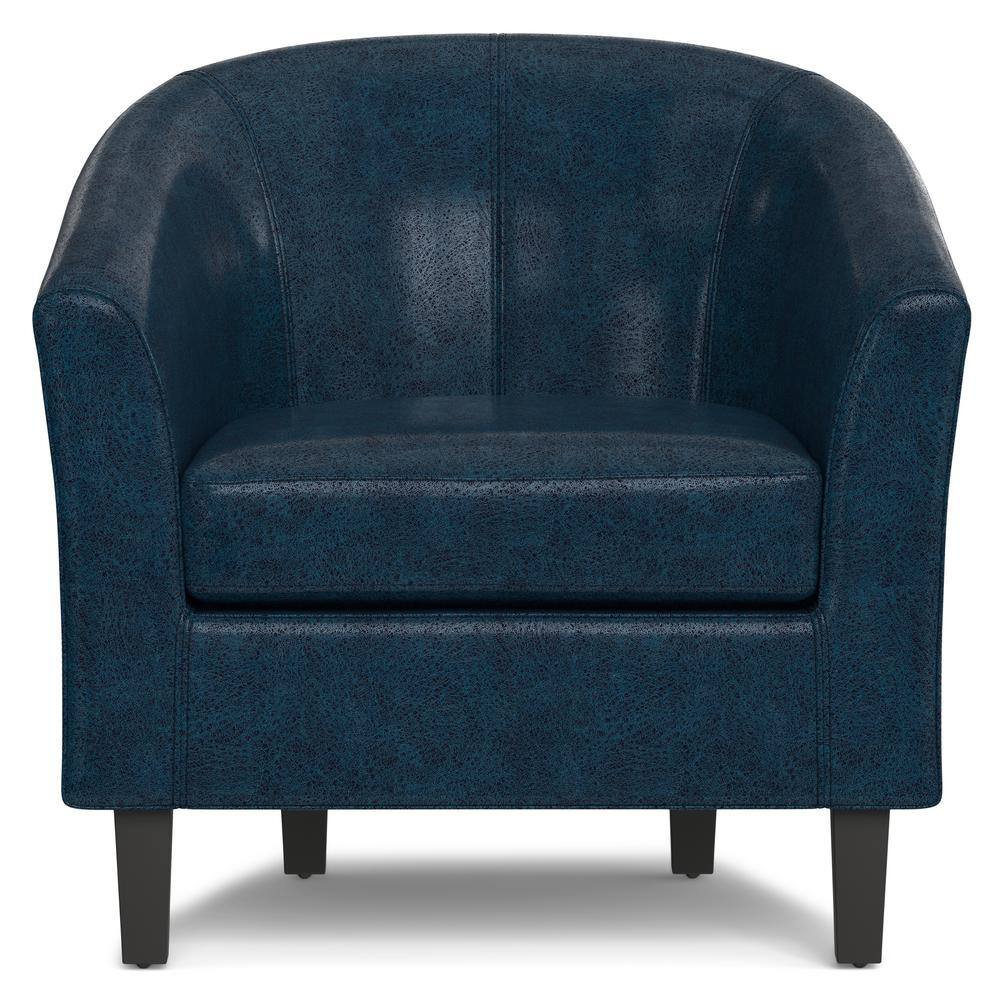 Distressed Dark Blue Faux Leather Barrel Accent Chair