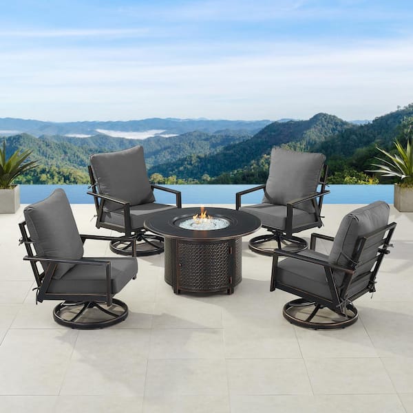 Oakland Living Black 7-Piece Aluminum Patio Fire Pit Set with 4-Club Chairs Black Cushions