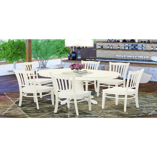 7-Piece Linen White Finish Solid Wood Top Dining Table with 6 Chairs with Lattice Back