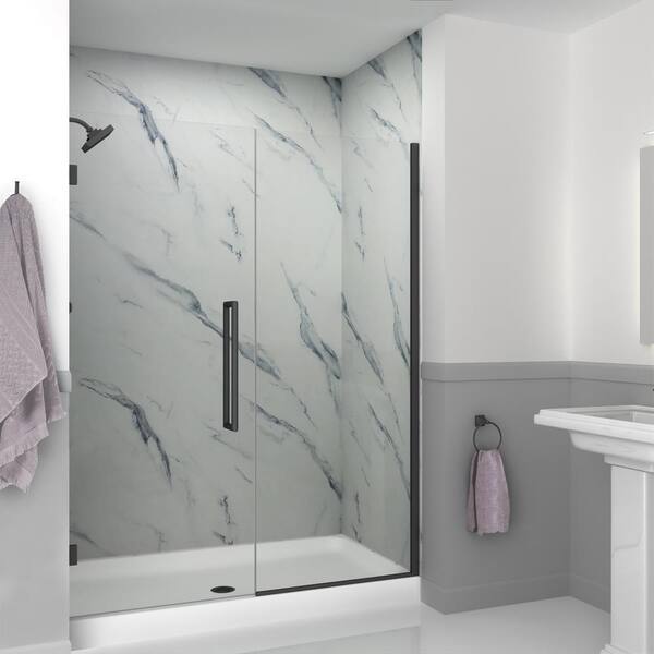 Transolid Elizabeth 58.5 in. W x 76 in. H Hinged Frameless Shower Door in Matte Black with Clear Glass