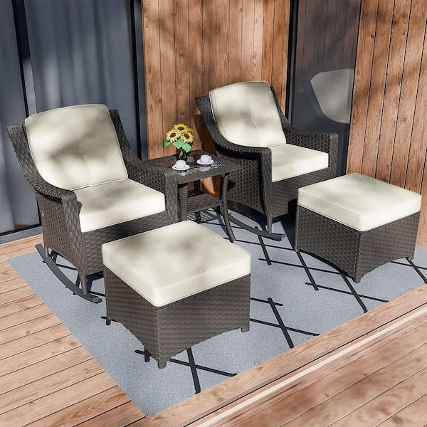 5-Piece Wicker Outdoor Patio Conversation Set Rocking Chair Set with Beige Cushions
