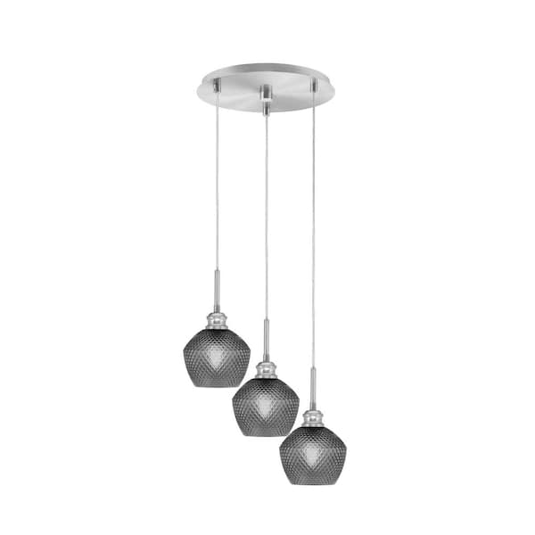 Unbranded Albany 60-Watt 13.5 in. 3-Light Brushed Nickel Cord Pendant Light Smoke Textured Glass Shade