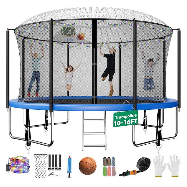 14 ft. Round Trampoline Set with Basketball Hoop, Safety Enclosure, Sprinkler, Lights, Socks and Wind Stakes