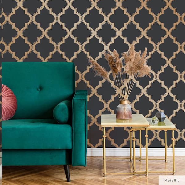 Midnight and Metallic Gold Marrakesh Vinyl Peel and Stick Wallpaper Roll (Covers 28 sq. ft.)