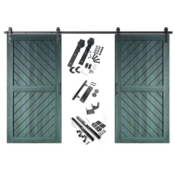 XT4 40 in. x 80 in. C-Panel Royal Pine Slanted Stripe Design Double Pine Wood Sliding Barn Door with Hardware Kit