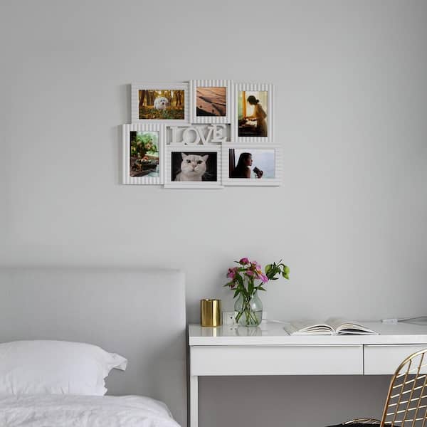 Fabulaxe QI004490.WT Decorative Modern Wall Mounted Collage Picture Holder Multi Photo Frame for 6 Pictures Love Text Design, White
