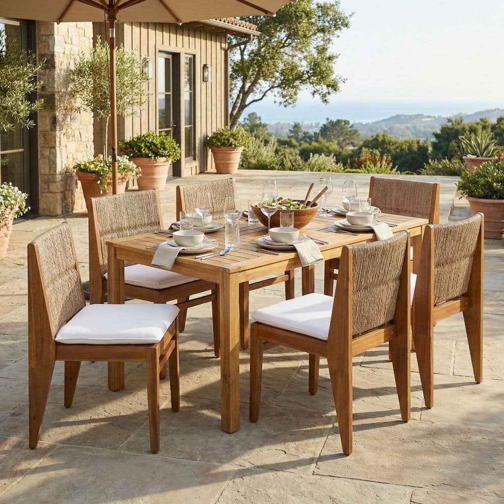 Valorae Patio Teak Finish Wood Outdoor Dining Chairs with White Cushion and Light Brown Wicker Woven Backrest, Set of 6 price history on PriceWatchPro