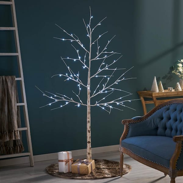 Noble House Frances 4 ft. Pre-Lit White Artificial Twig Birch Tree with 48 White LED Lights