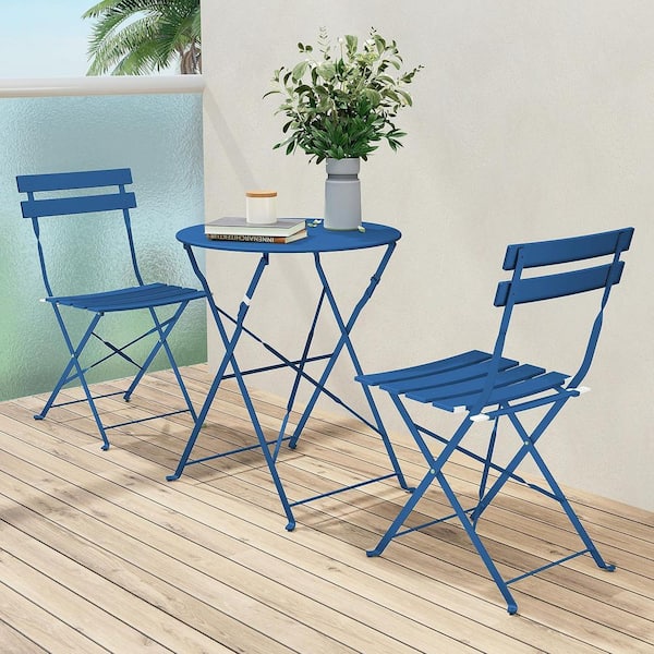 Blue 3-Piece Folding Outdoor Bistro Set, Metal Chairs and Round Coffee Table, Portable for Patio, Proch, Balcony
