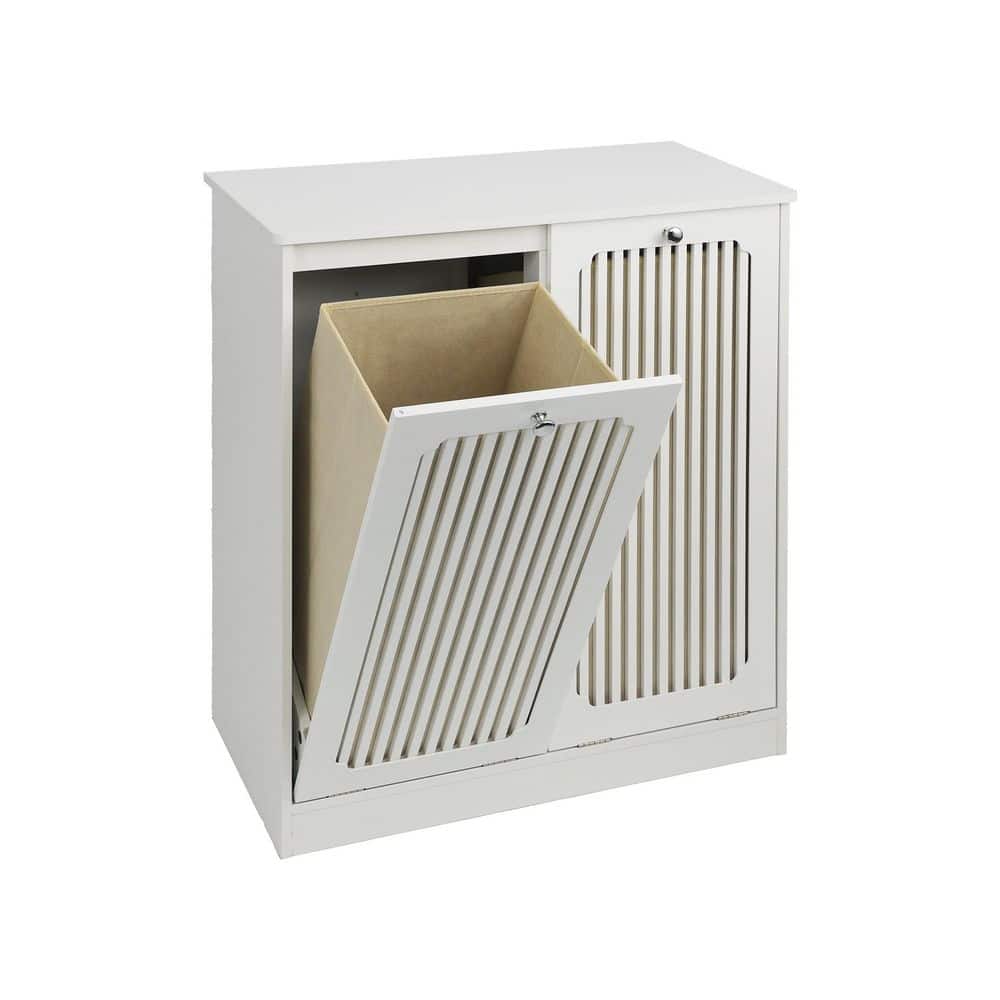 White 30x26x14 MDF Modern Rectangle Tilted Laundry Room Hamper, Bathroom Storage Cabinet with 2 Hidden Baskets
