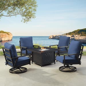 Black 6-Piece Aluminum Patio Fire Pit with 4-Club Chairs Blue Cushions