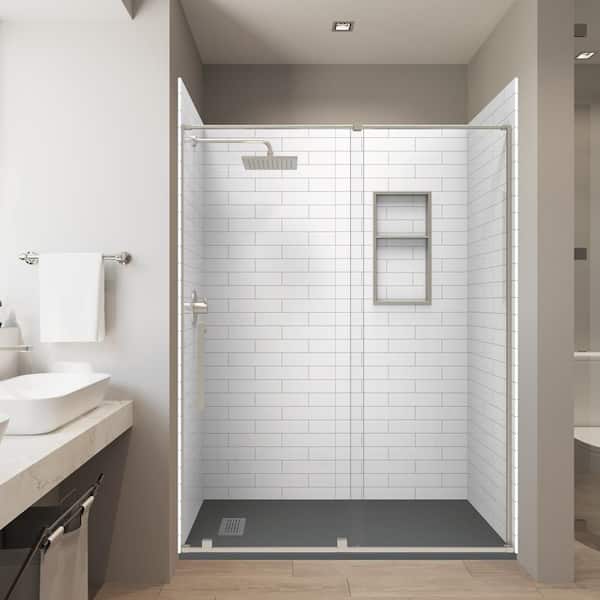 Subway 32in. x 60in. x 84in. Solid Composite Stone Alcove Shower Combo Kit Matching Brushed Nickel Door Niche and Drain
