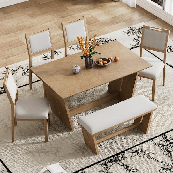 Harper & Bright Designs 6-Piece Natural Wood Wash Wood Top Table Dining Set with Trapezoidal Table Base, 4-Gray Linen Chairs, 1-Bench