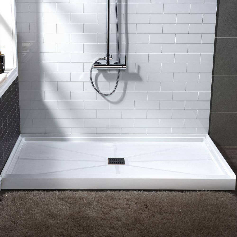 60" x 36" White Solid Surface Rectangular Shower Pan Base with Oil-Rubbed Bronze Drain Cover