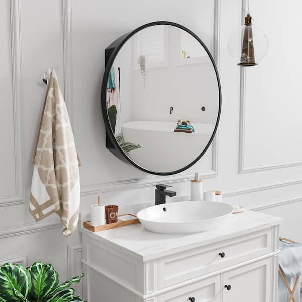 Dovelina 24 in. W x 24 in. H Round Black Surface Mount Medicine Cabinet with Mirror