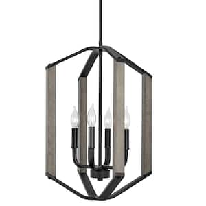 Montgomery 22 in. 60-Watt 4-Light Black with Gray Oak Wood Style Lantern Pendant Light