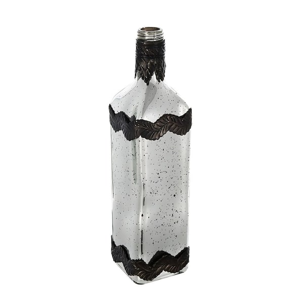 3 in. D x 12 in. H Antique Silver Glass Bottle Vase with Bronze Leaf