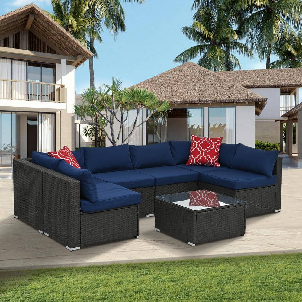 7-Piece Wicker Patio Conversation Set with Navy Blue Cushions and Tempered 